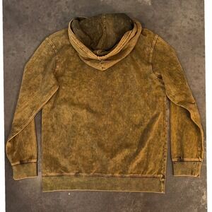 Original Use Mens Acid Wash Hoodie Mustard Brown Streetwear Fleece Pullover M